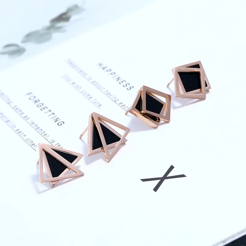 Korean Style Rose Gold Rhombus Earrings for Women Black - Image 3