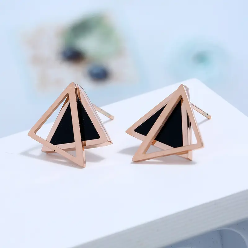 Korean Style Rose Gold Rhombus Earrings for Women Black - Image 4