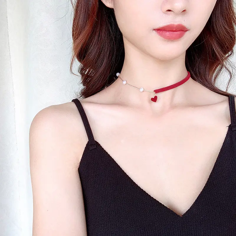 Heart Red Pearl Clavicle Necklace for Women
