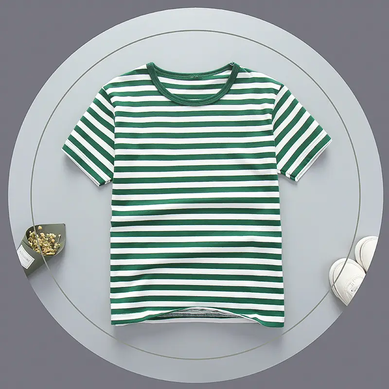 Children's Green Striped Cotton Crewneck T-Shirt - Image 2
