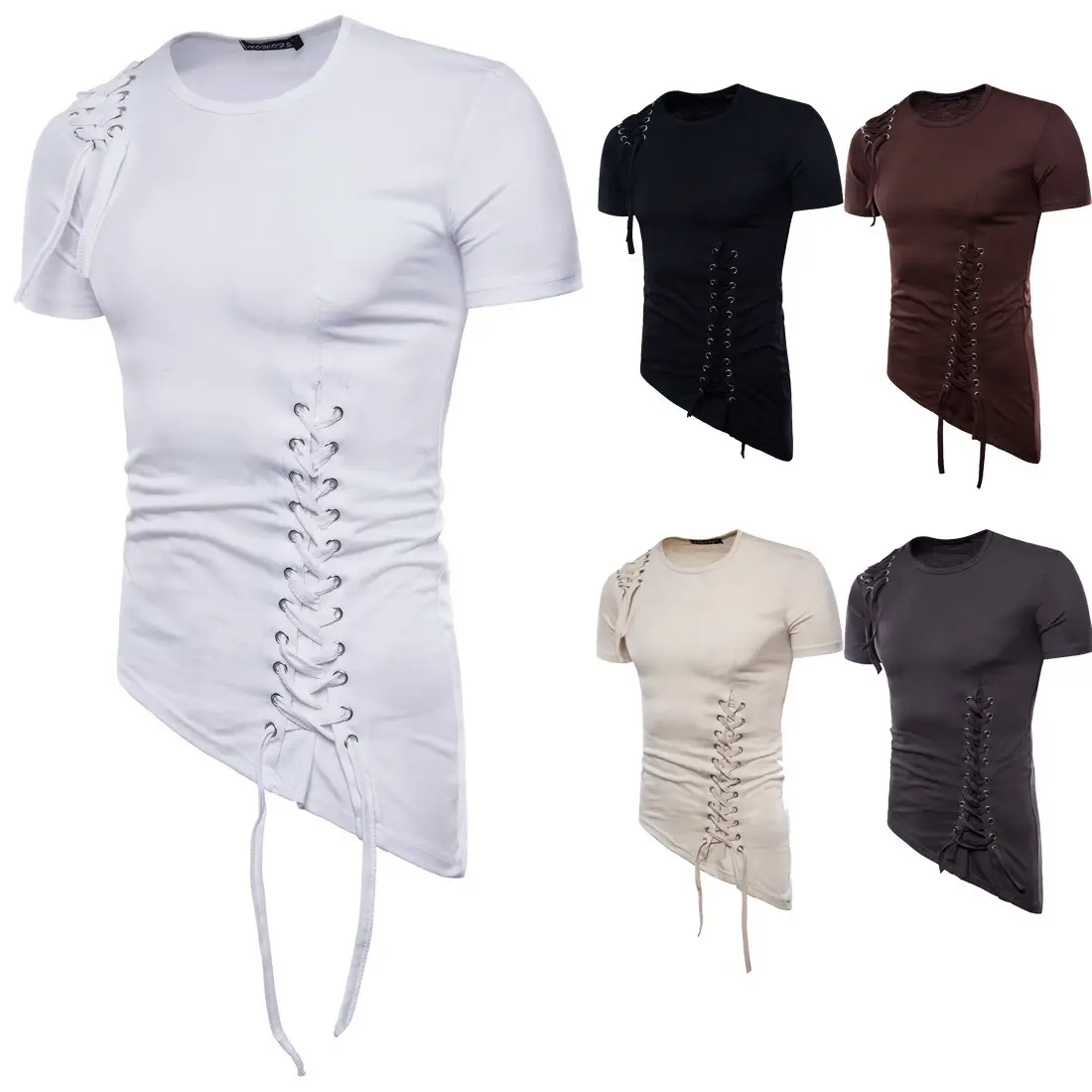 Men White Casual T-Shirt with Lacing & Side Hook - Image 6