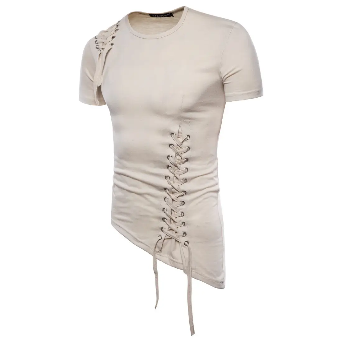 Men White Casual T-Shirt with Lacing & Side Hook - Image 7