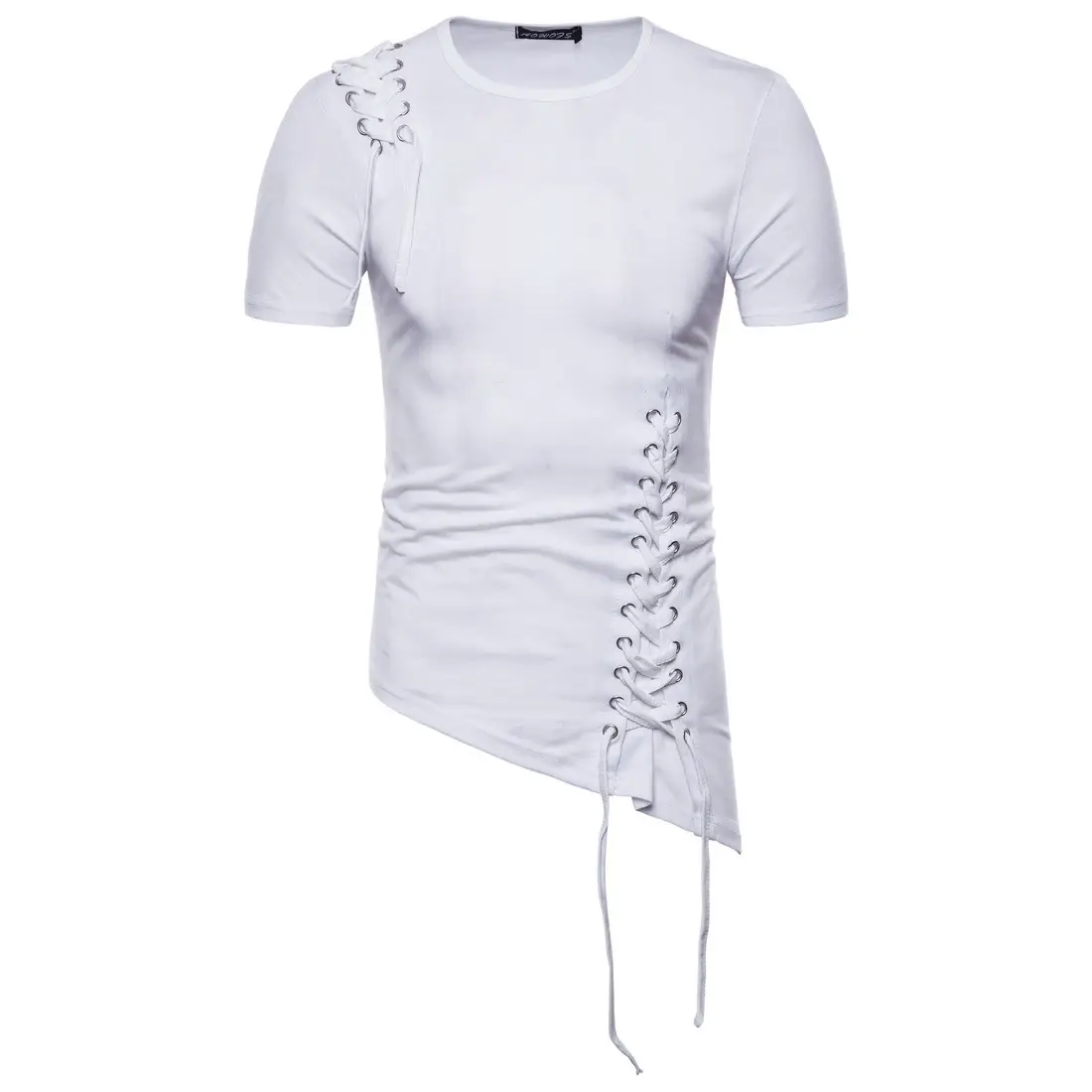 Men White Casual T-Shirt with Lacing & Side Hook - Image 10