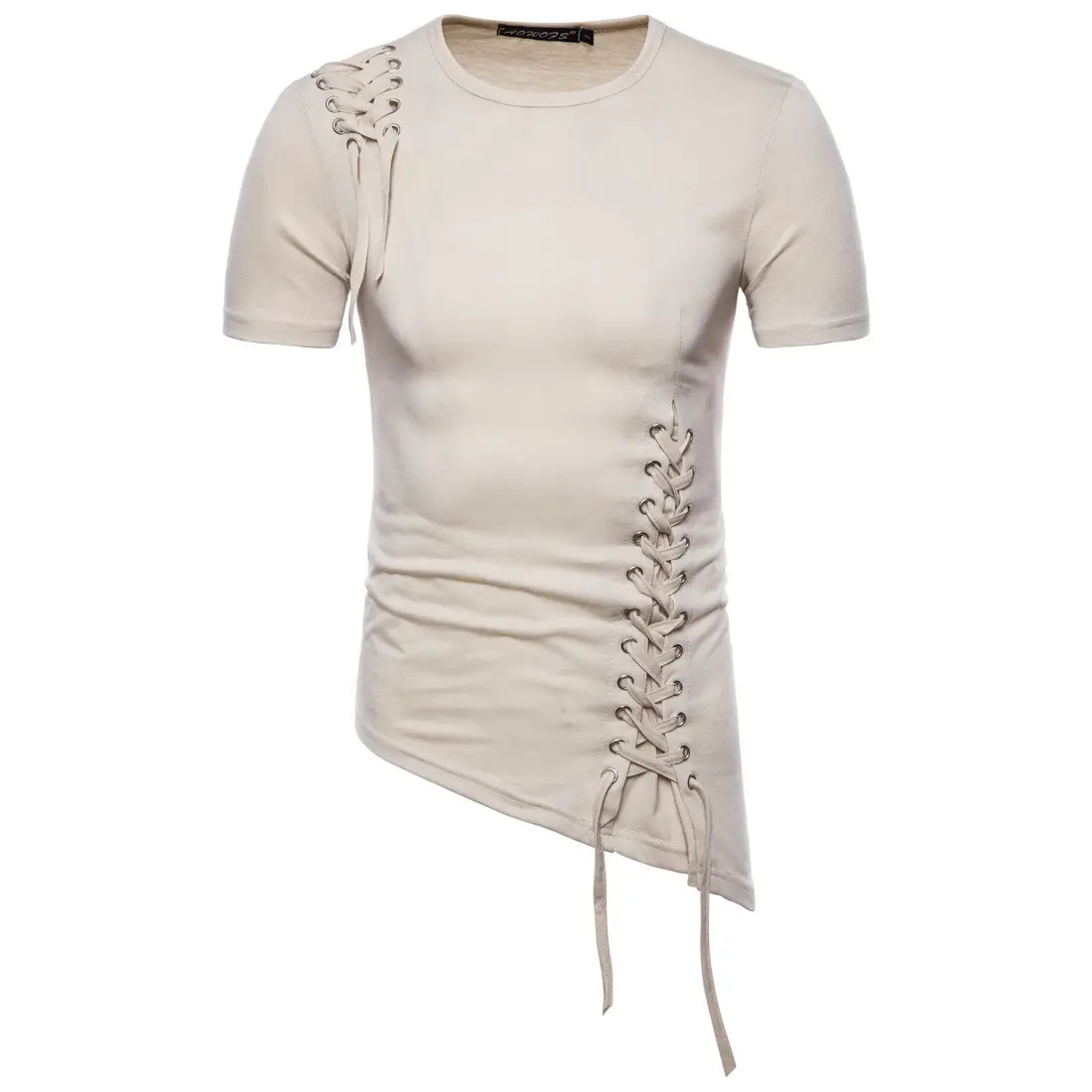 Men White Casual T-Shirt with Lacing & Side Hook - Image 5