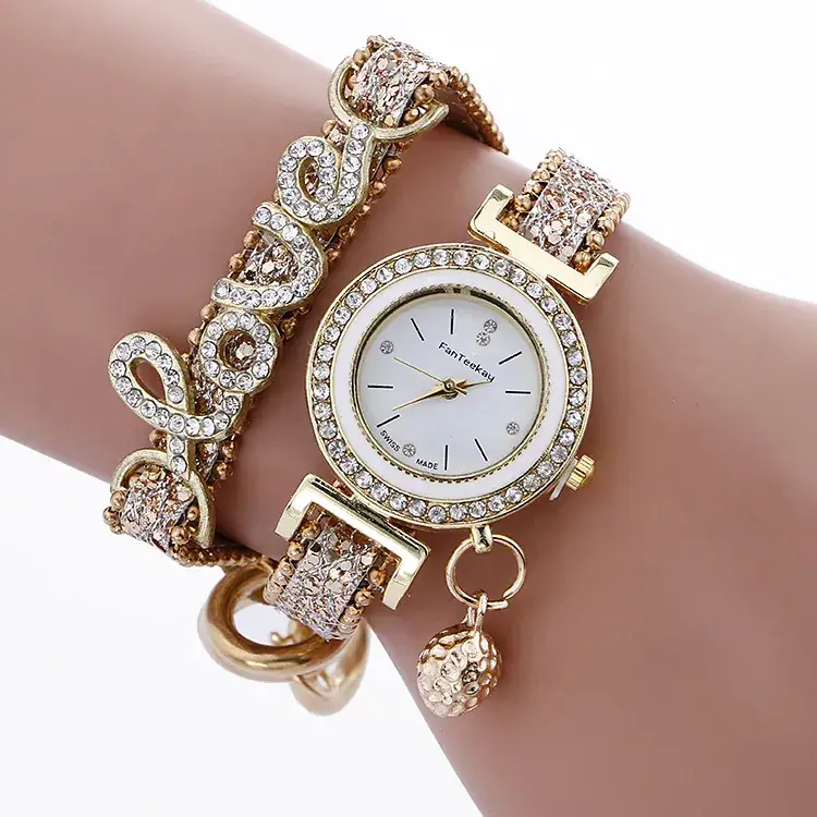 Gold Diamond LOVE Bracelet with Quartz Watch for Women - Image 5