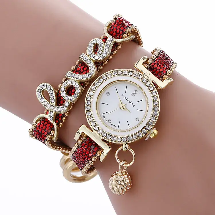 Gold Diamond LOVE Bracelet with Quartz Watch for Women - Image 2