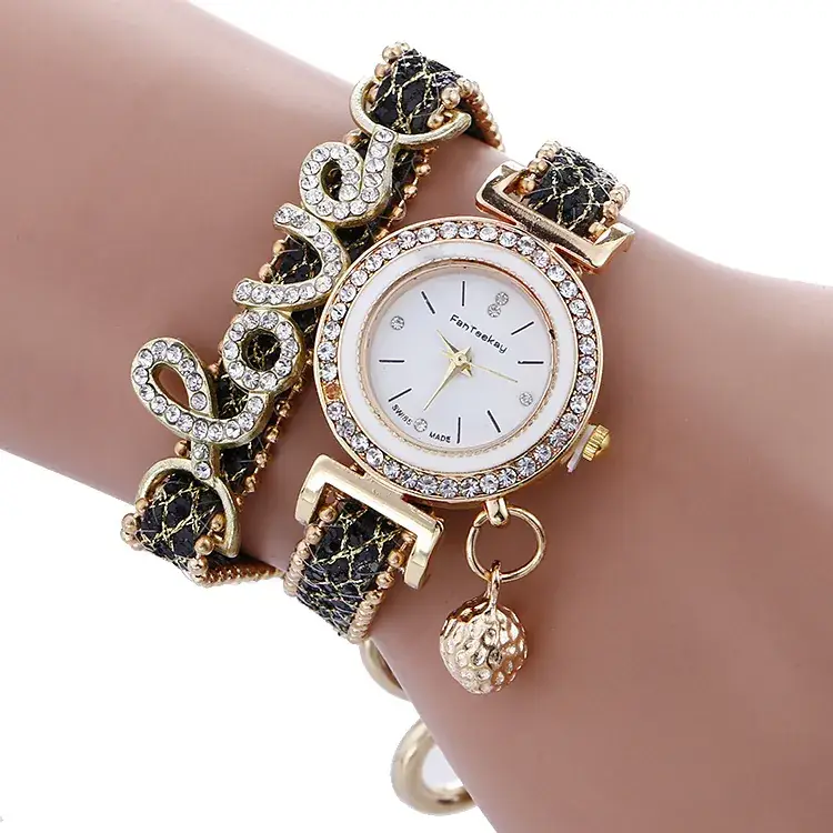 Gold Diamond LOVE Bracelet with Quartz Watch for Women - Image 4
