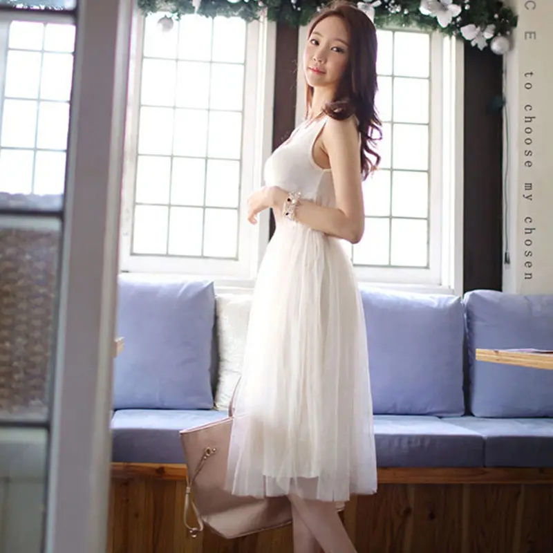 Blue Gauze Strap Dress with Fluffy Bottom for Women