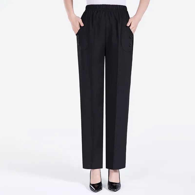 Middle-aged Women Linen Pants Grey Loose Straight Casual