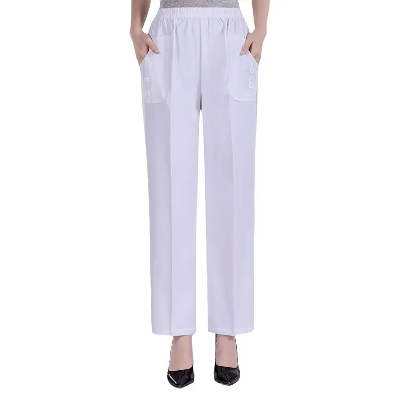 Middle-aged Women Linen Pants Grey Loose Straight Casual