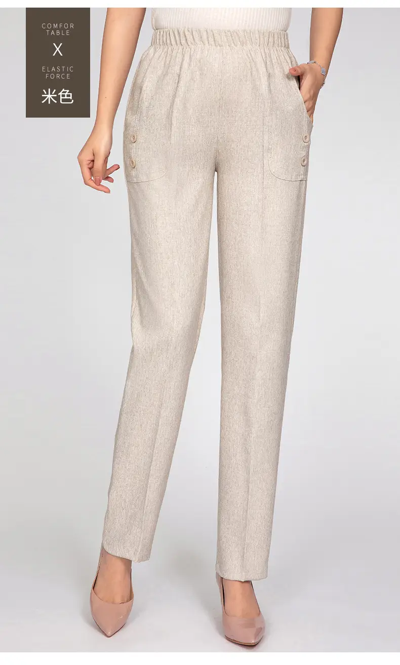 Middle-aged Women Linen Pants Grey Loose Straight Casual — feature 20
