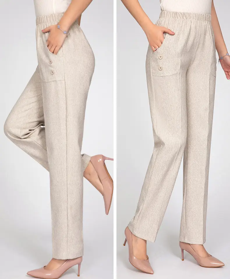 Middle-aged Women Linen Pants Grey Loose Straight Casual — feature 21