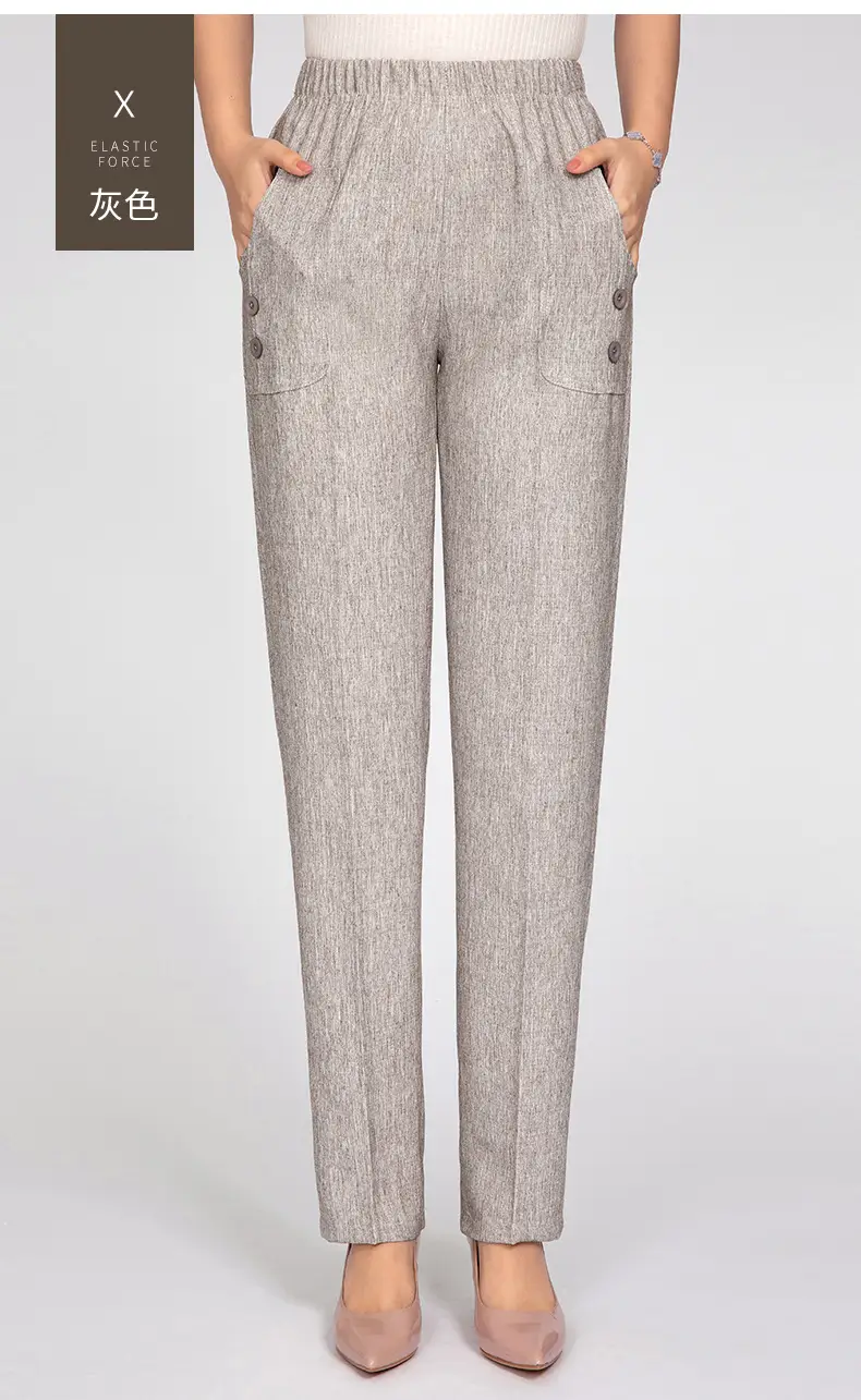 Middle-aged Women Linen Pants Grey Loose Straight Casual — feature 22