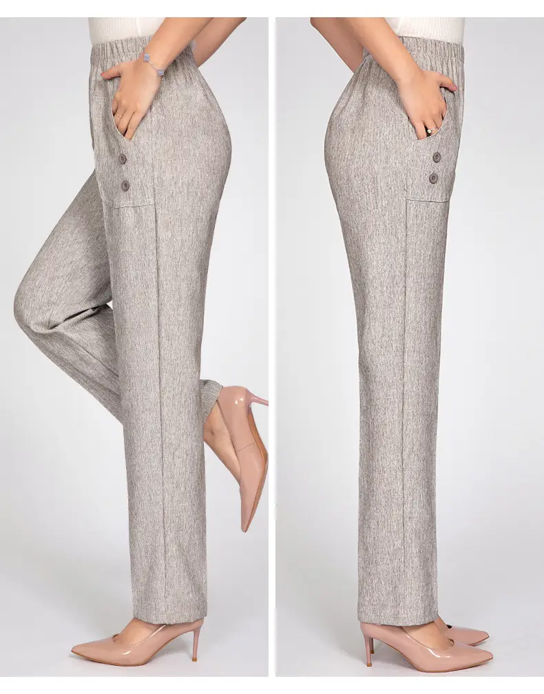 Middle-aged Women Linen Pants Grey Loose Straight Casual — feature 23