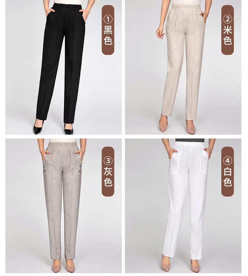 Middle-aged Women Linen Pants Grey Loose Straight Casual — feature 4