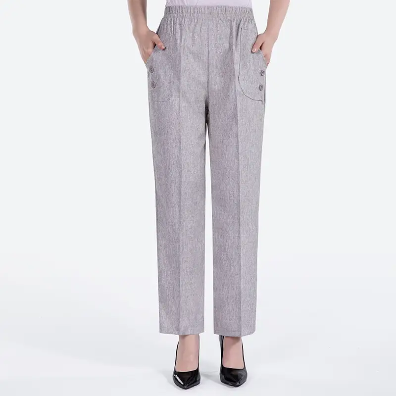 Middle-aged Women Linen Pants Grey Loose Straight Casual