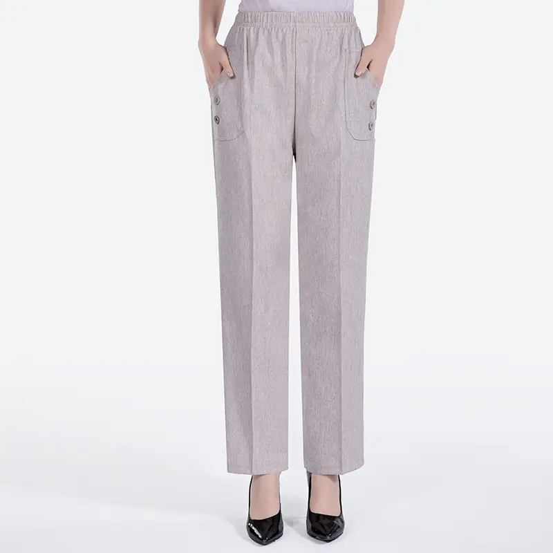 Middle-aged Women Linen Pants Grey Loose Straight Casual