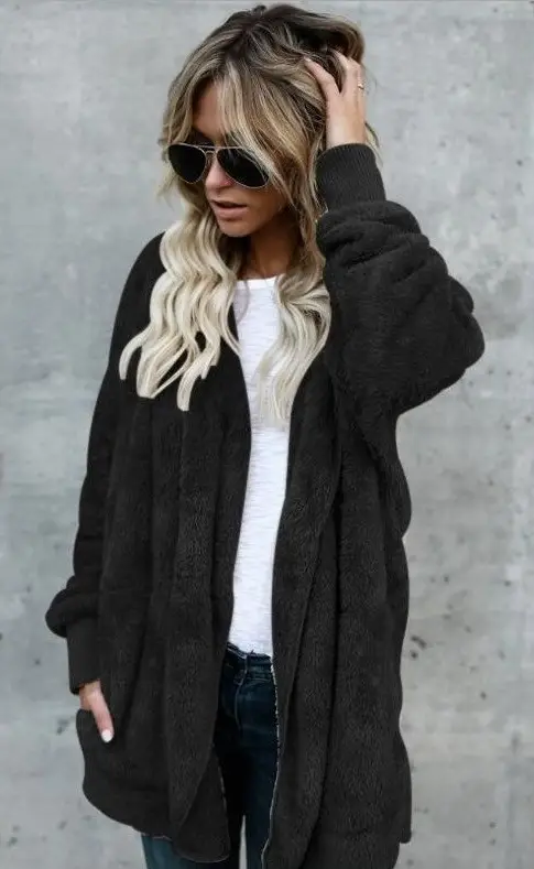 2025 Faux Fur Warm Coat Mid Length Reversible Black - Image 4