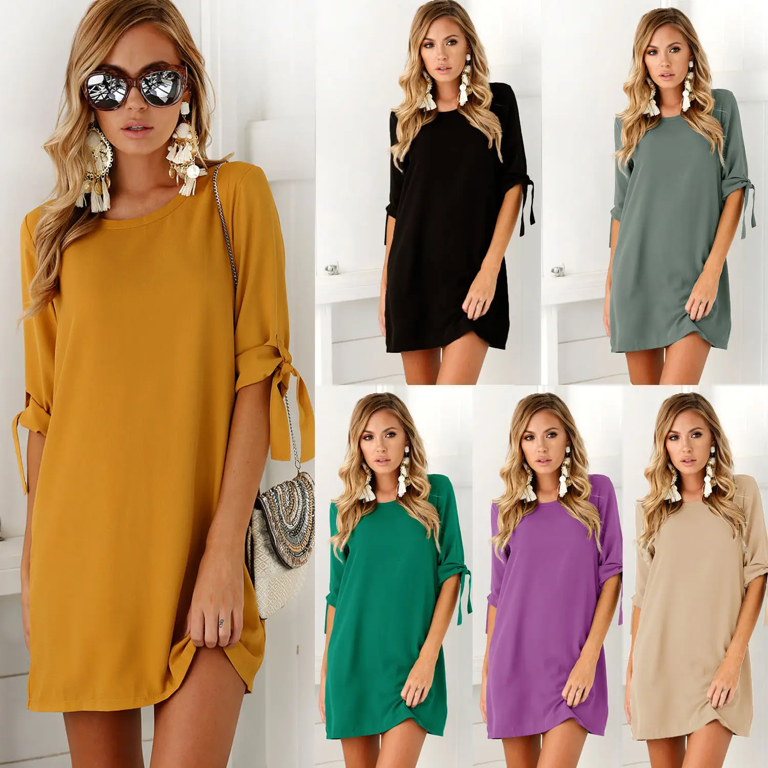 2018 AliExpress WISH Sleeve Round Neck Dress Cotton Solid Color