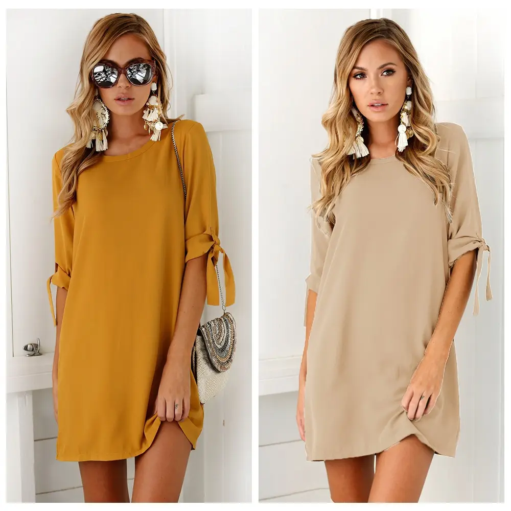 2018 AliExpress WISH Sleeve Round Neck Dress Cotton Solid Color