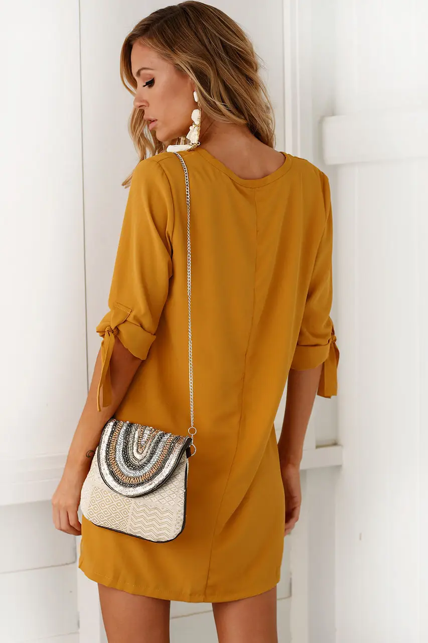 2018 AliExpress WISH Sleeve Round Neck Dress Cotton Solid Color