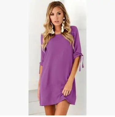 2018 AliExpress WISH Sleeve Round Neck Dress Cotton Solid Color