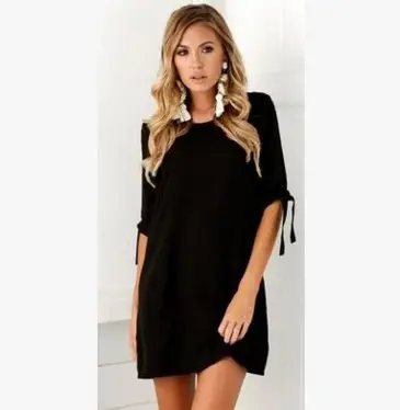 2018 AliExpress WISH Sleeve Round Neck Dress Cotton Solid Color