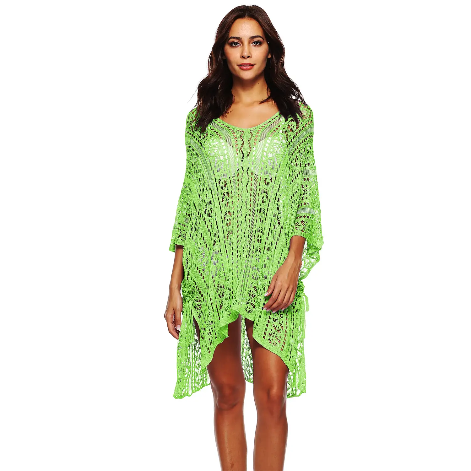Green Crossbody Dress with Bat Sleeves and Asymmetrical Hem - Image 12