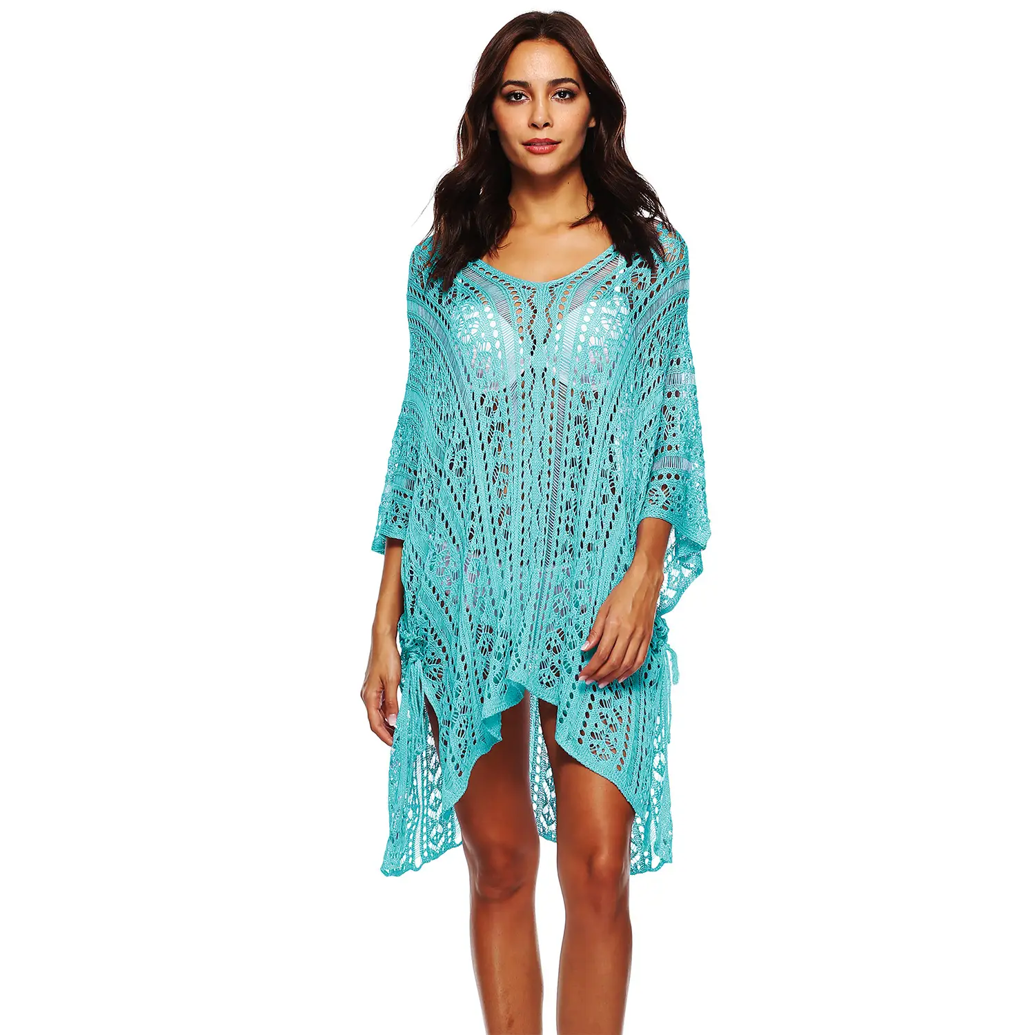 Green Crossbody Dress with Bat Sleeves and Asymmetrical Hem - Image 5