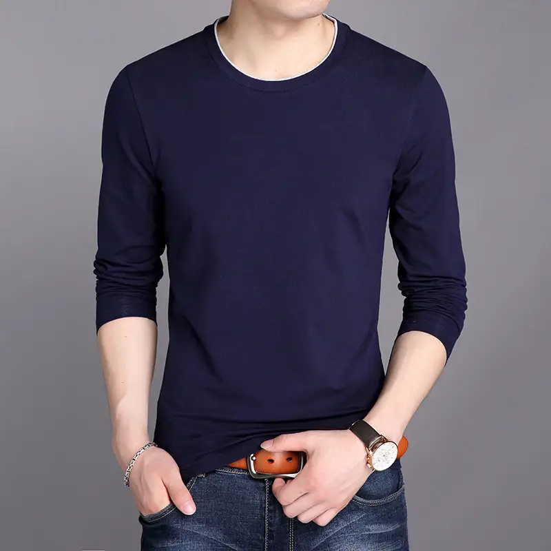 Men Grey Long Sleeve Cotton T-Shirt Slim Fit Round Neck - Image 12