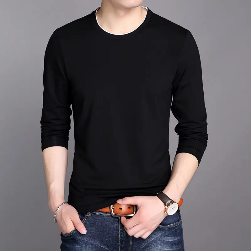 Men Grey Long Sleeve Cotton T-Shirt Slim Fit Round Neck - Image 13