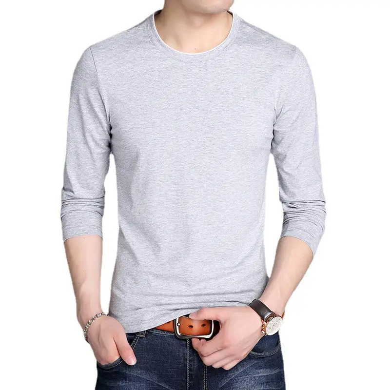 Men Grey Long Sleeve Cotton T-Shirt Slim Fit Round Neck - Image 15