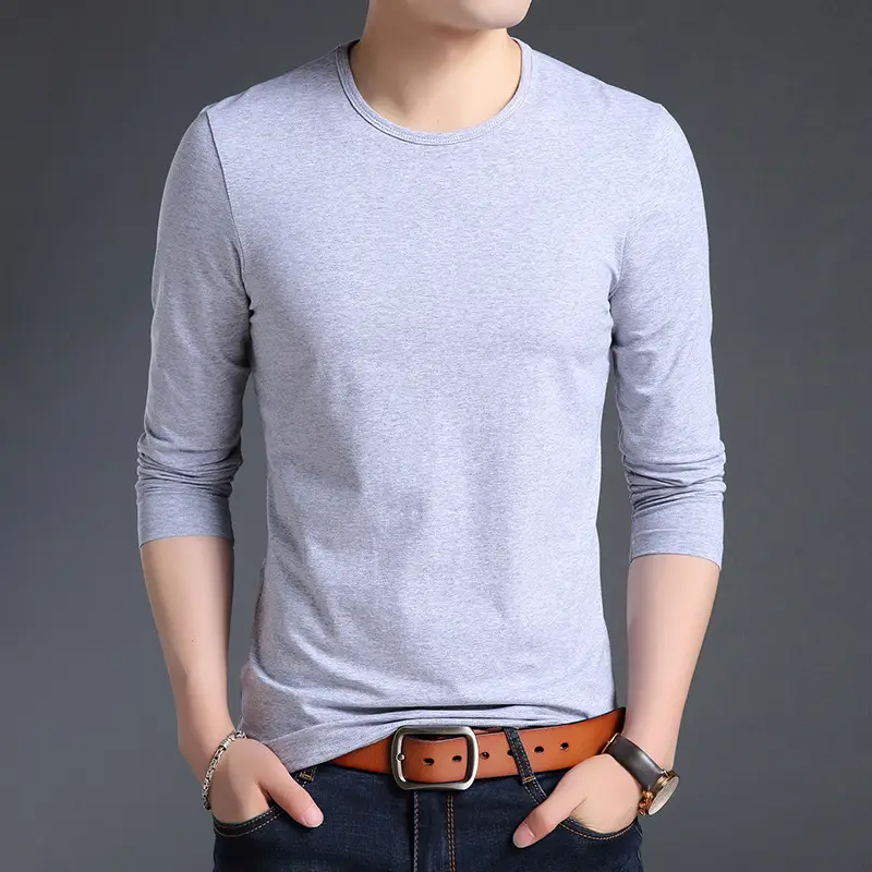Men Grey Long Sleeve Cotton T-Shirt Slim Fit Round Neck - Image 10