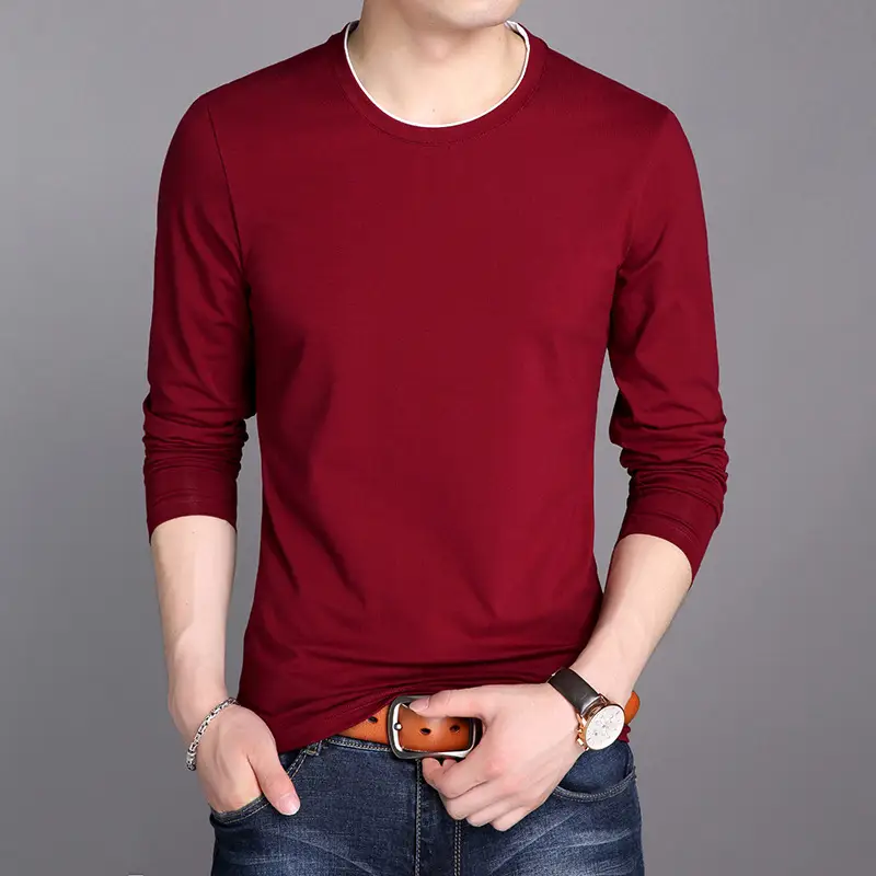 Men Grey Long Sleeve Cotton T-Shirt Slim Fit Round Neck - Image 3