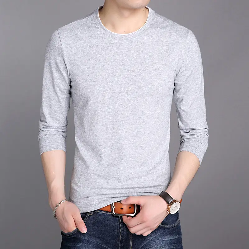Men Grey Long Sleeve Cotton T-Shirt Slim Fit Round Neck - Image 4