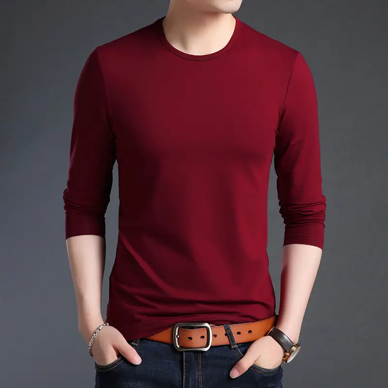 Men Grey Long Sleeve Cotton T-Shirt Slim Fit Round Neck - Image 7