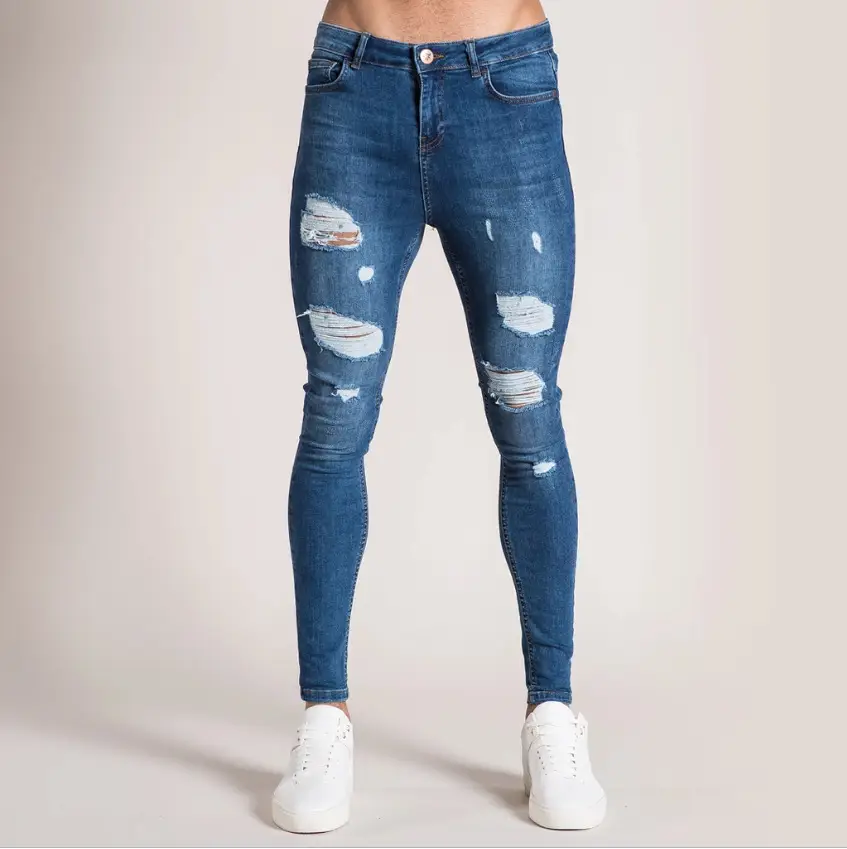 Men's Blue Ripped Skinny Jeans White Sneakers
