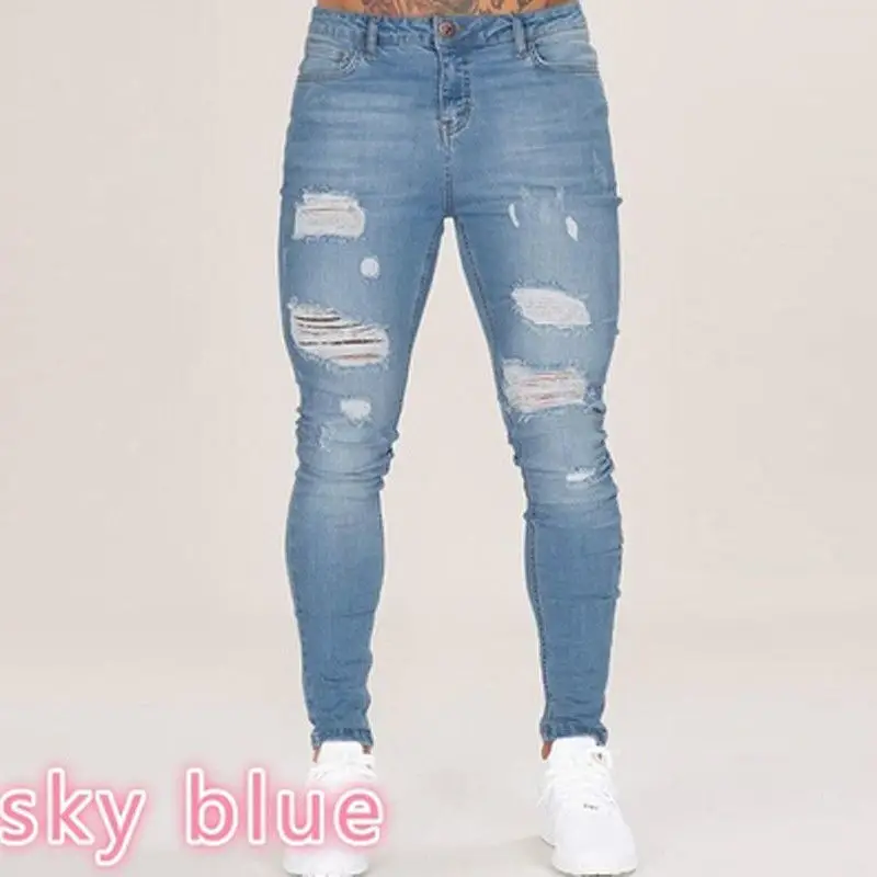 Men's Blue Ripped Skinny Jeans White Sneakers