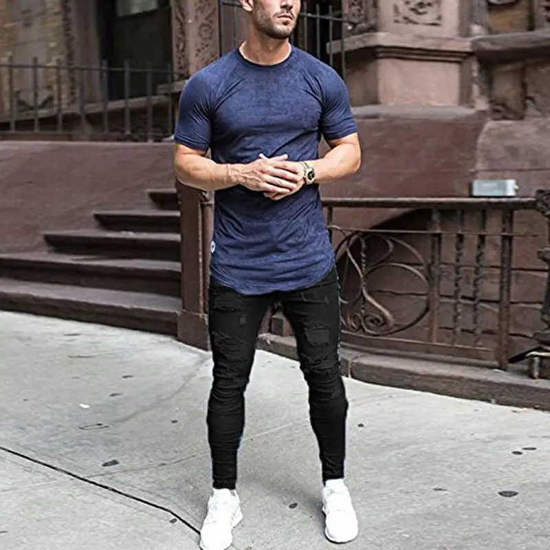 Men's Blue Ripped Skinny Jeans White Sneakers