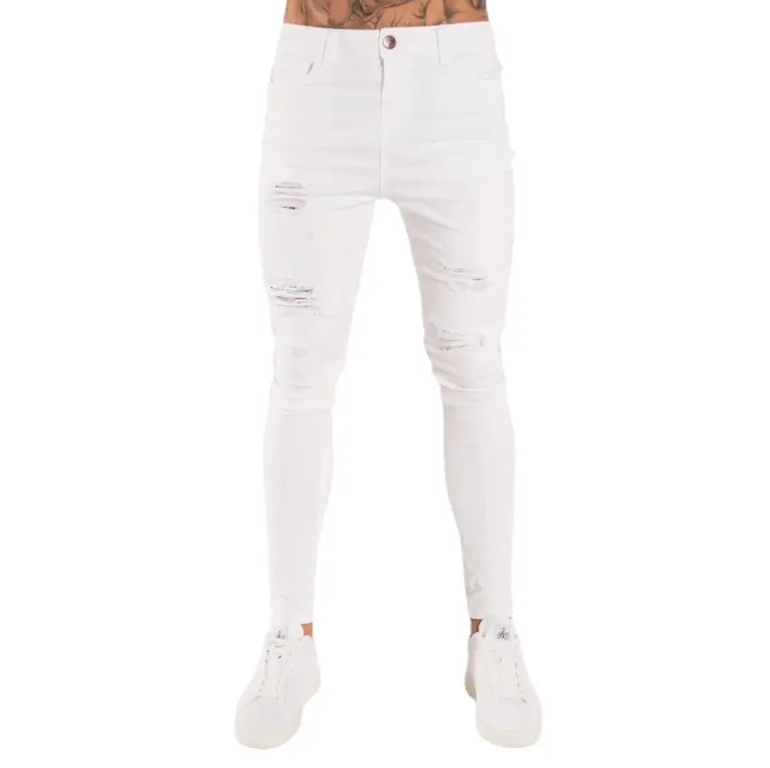 Men's Blue Ripped Skinny Jeans White Sneakers