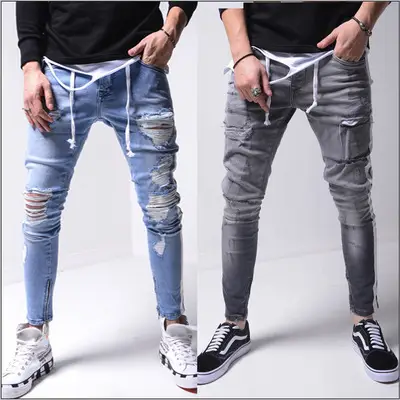 Men's Blue Ripped Skinny Jeans White Sneakers — feature 33