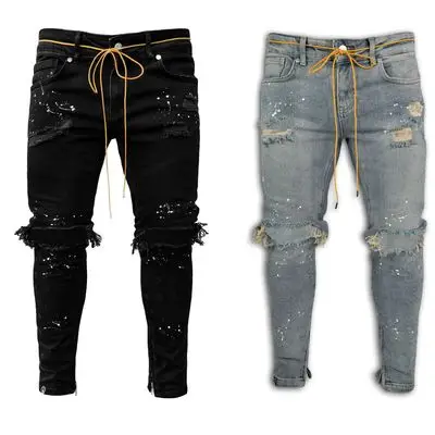 Men's Blue Ripped Skinny Jeans White Sneakers — feature 35