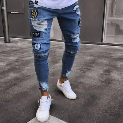 Men's Blue Ripped Skinny Jeans White Sneakers — feature 37