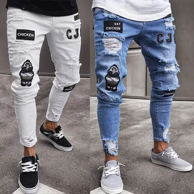 Men's Blue Ripped Skinny Jeans White Sneakers — feature 39