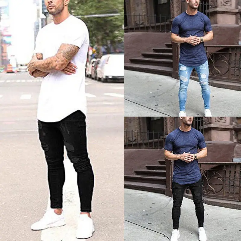 Men's Blue Ripped Skinny Jeans White Sneakers — feature 53