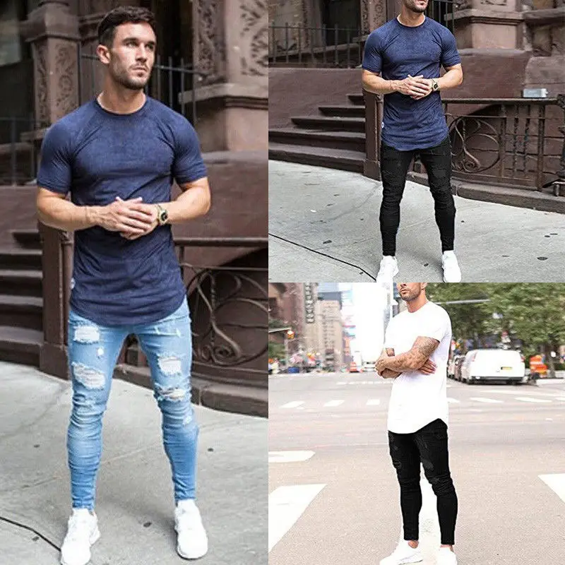 Men's Blue Ripped Skinny Jeans White Sneakers — feature 54
