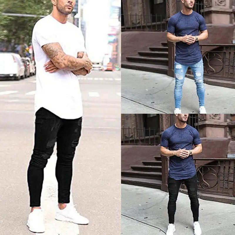 Men's Blue Ripped Skinny Jeans White Sneakers — feature 56