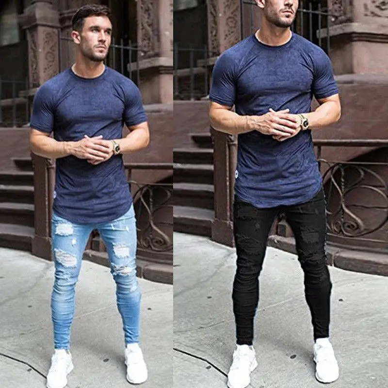 Men's Blue Ripped Skinny Jeans White Sneakers — feature 57
