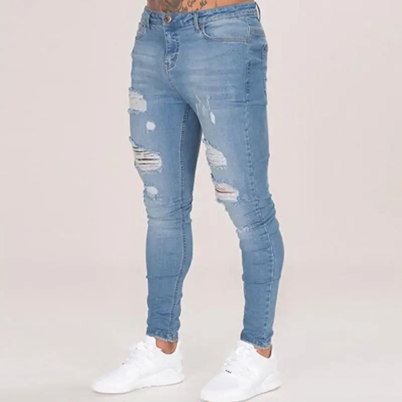 Men's Blue Ripped Skinny Jeans White Sneakers — feature 59