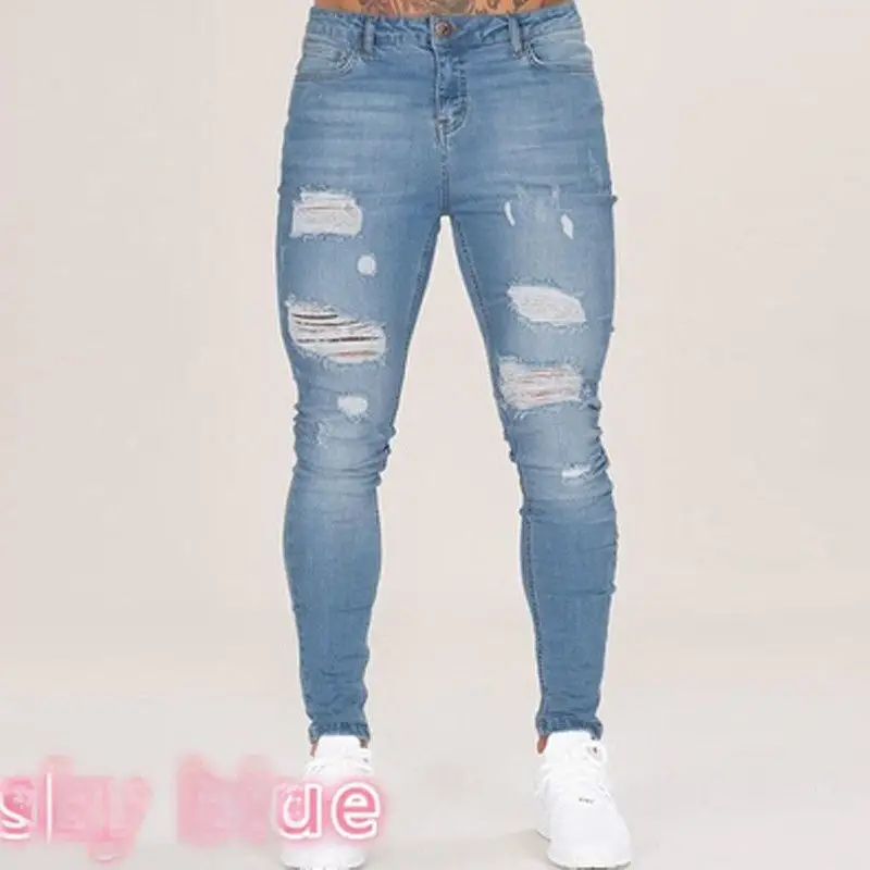 Men's Blue Ripped Skinny Jeans White Sneakers